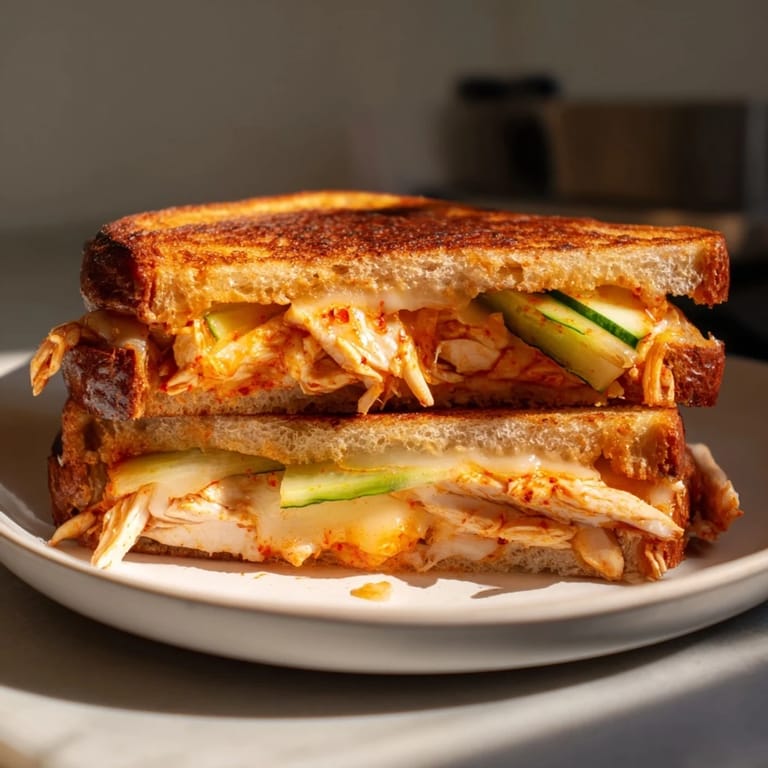 Savory Gochujang Mayo Chicken Sandwich grilled cheese, a Korean-inspired comfort food served warm.