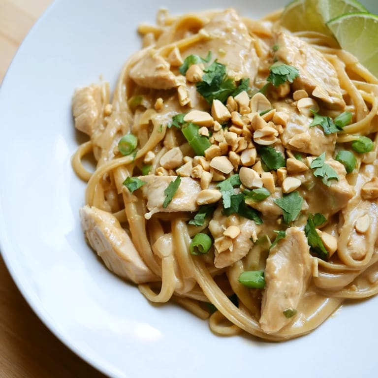 Creamy peanut sauce coats every strand of this delicious Thai Peanut Chicken Pasta dish.