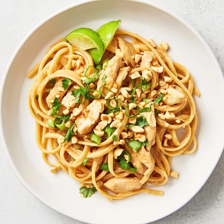 A bowl of Thai Peanut Chicken Pasta, garnished with peanuts and green onions, looks so inviting!
