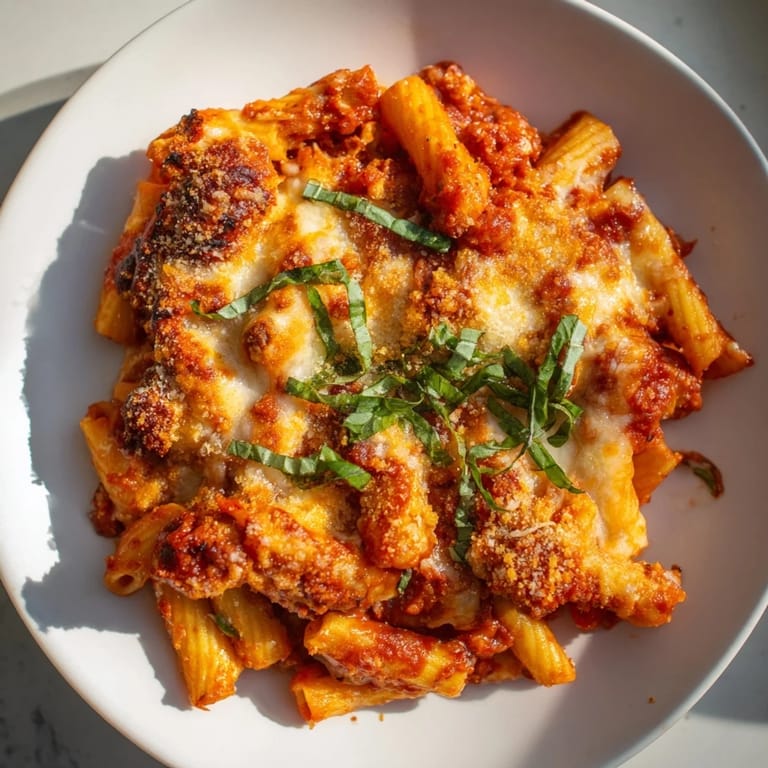 Savory baked pasta: cheesy Baked Penne Arrabbiata, complete with vibrant red sauce and a golden crust.