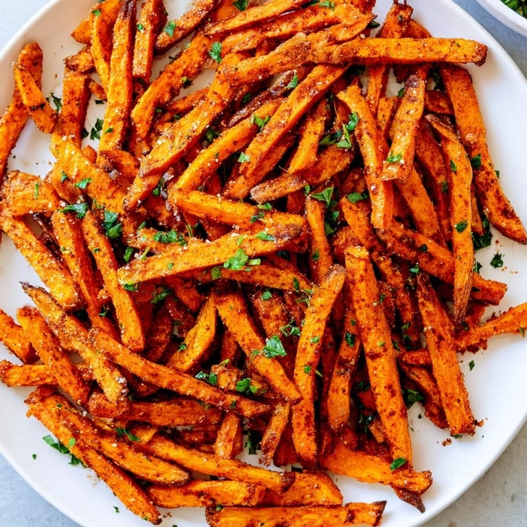 Close-up of air-fried Cajun spiced sweet potato fries, seasoned and ready for a delicious side dish.