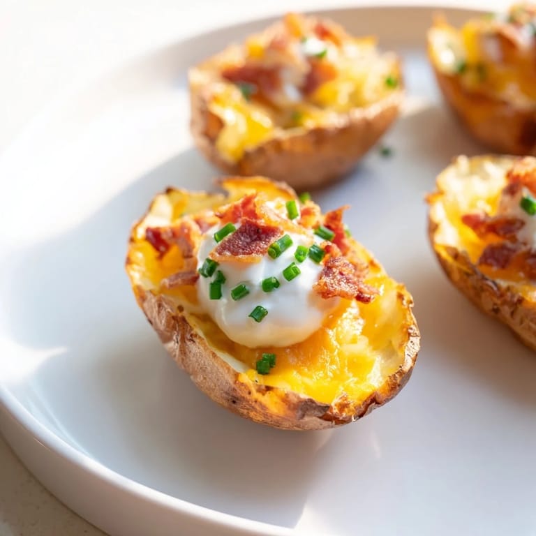 Hot, bubbly Loaded Baked Potato Skins with a sprinkle of chives, an irresistible appetizer.