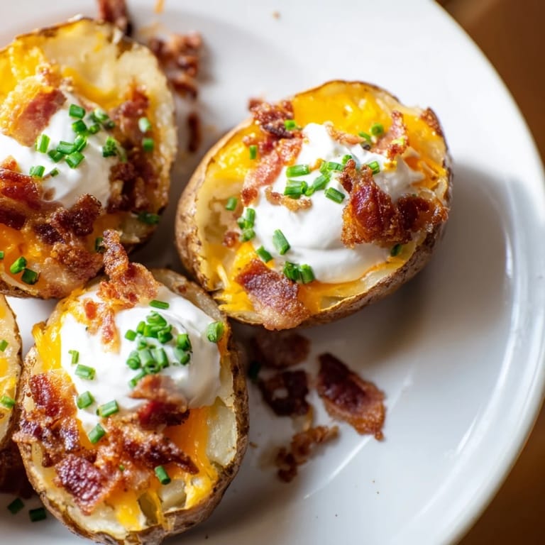 Delicious Loaded Baked Potato Skins featuring a perfect blend of smoky bacon and creamy textures.