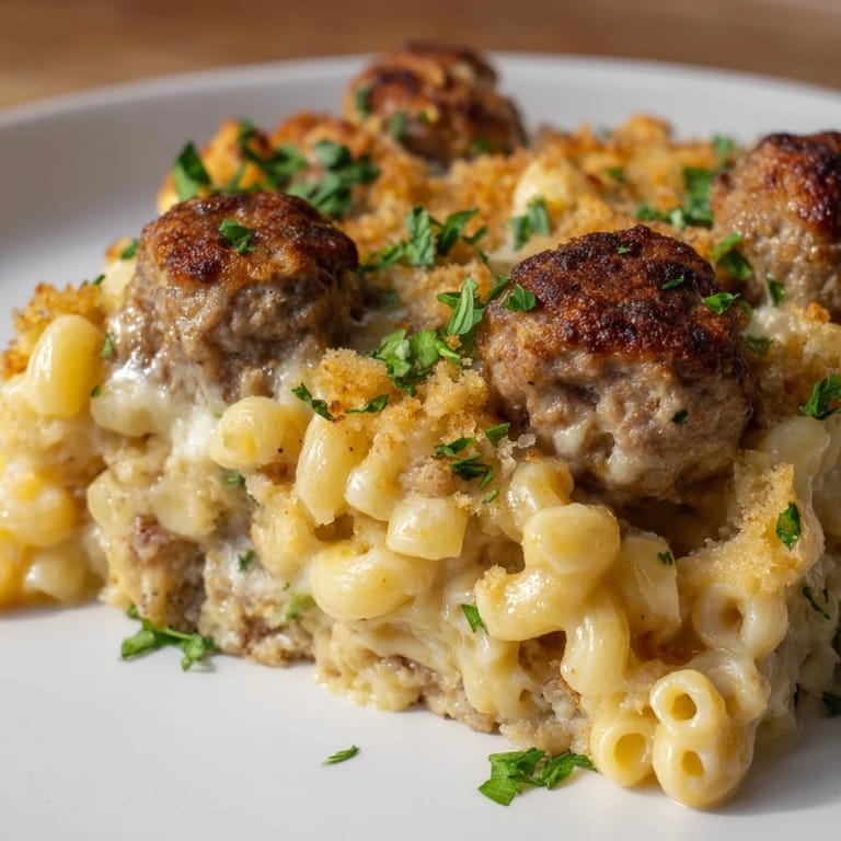 Warm baked Mac & Cheese Meatball Bake, a hearty American dinner, ready to serve with fresh parsley.