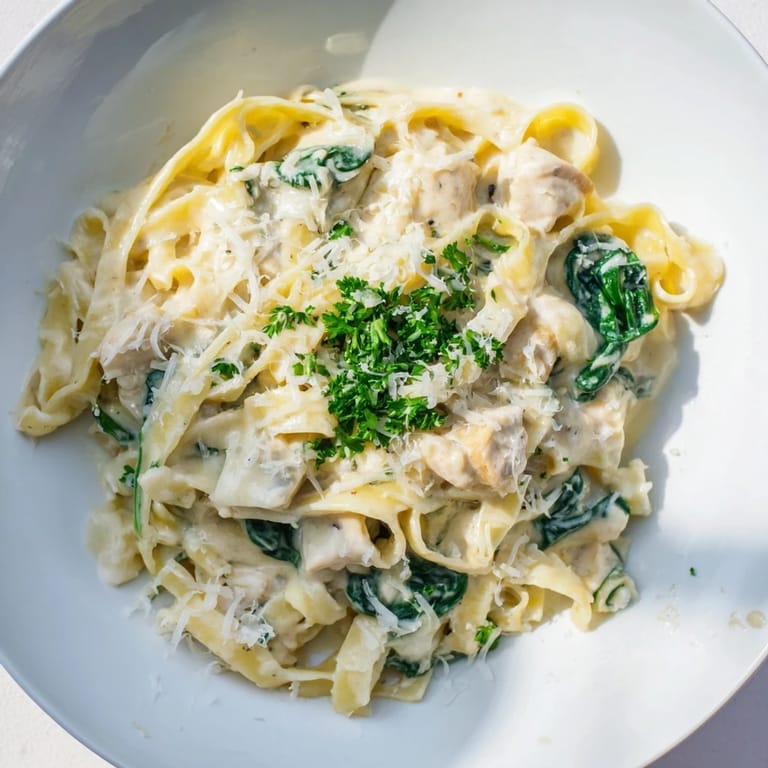 Close-up of vibrant creamy spinach fettuccine Alfredo, ready to serve with Parmesan and parsley.