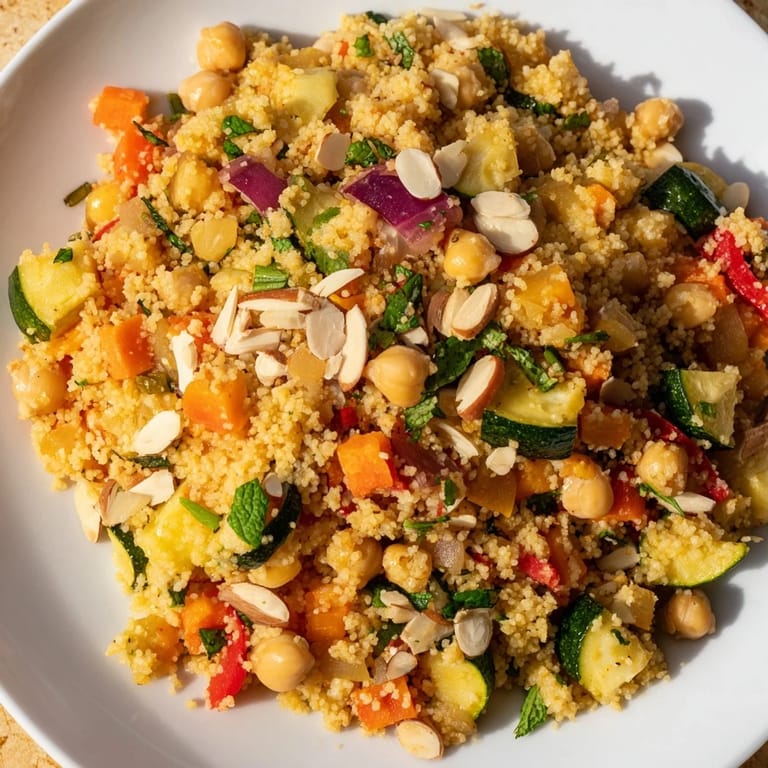 Delicious, refreshing Moroccan couscous salad with perfectly roasted vegetables ready to enjoy for lunch.