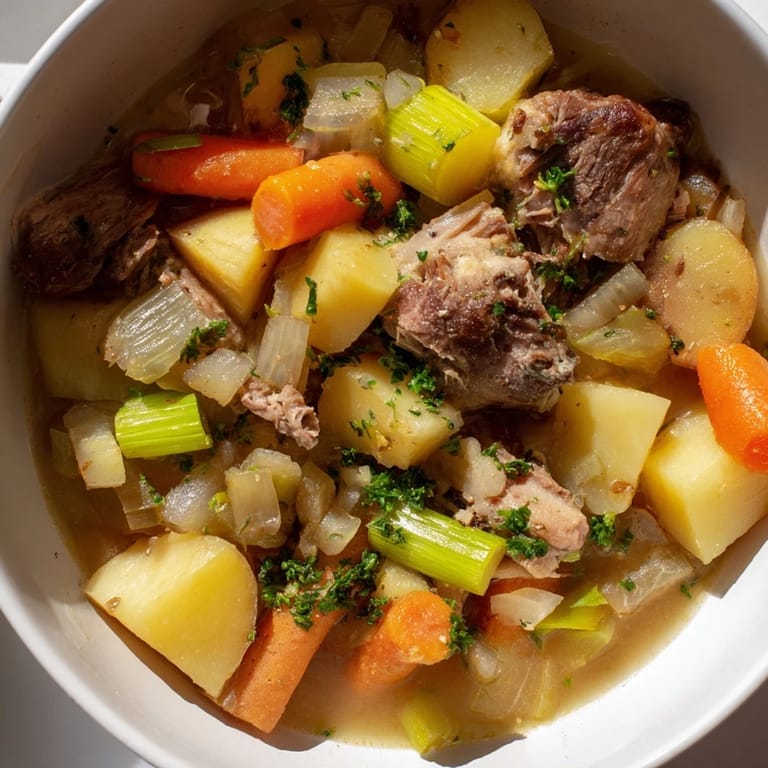 A steaming bowl of Welsh Cawl stew, perfect for a cold evening, garnished with fresh parsley.