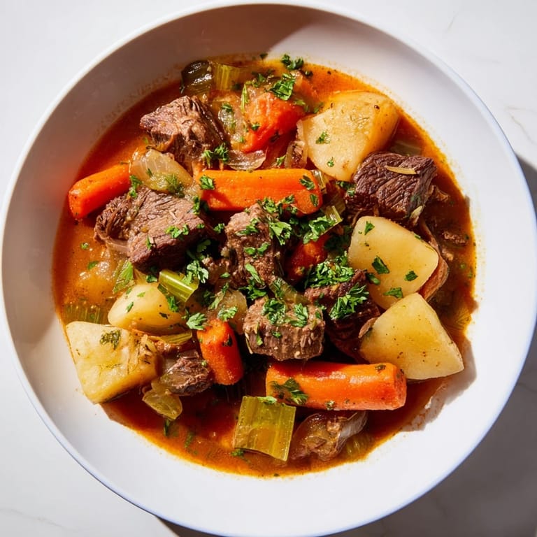 A steaming bowl of Irish beef stew, hearty with potatoes and carrots, perfect for a cold evening.