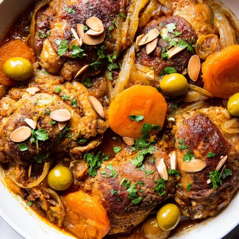 Close up of slow-cooked Moroccan tagine chicken, showcasing tender chicken pieces and vibrant spices.