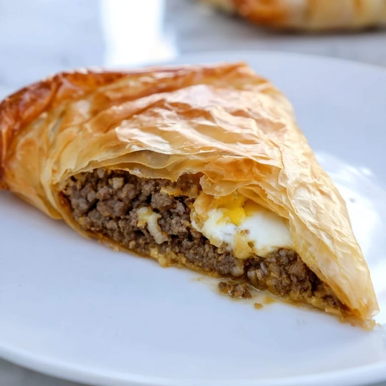 Mouthwatering close-up of Tunisian brik, ready to eat and dripping with savory goodness.