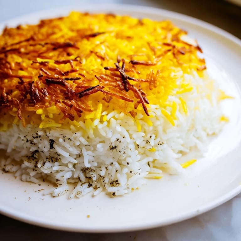 Delicious and satisfying, a freshly plated Persian Tahdig rice dish with a perfect tahdig crust.