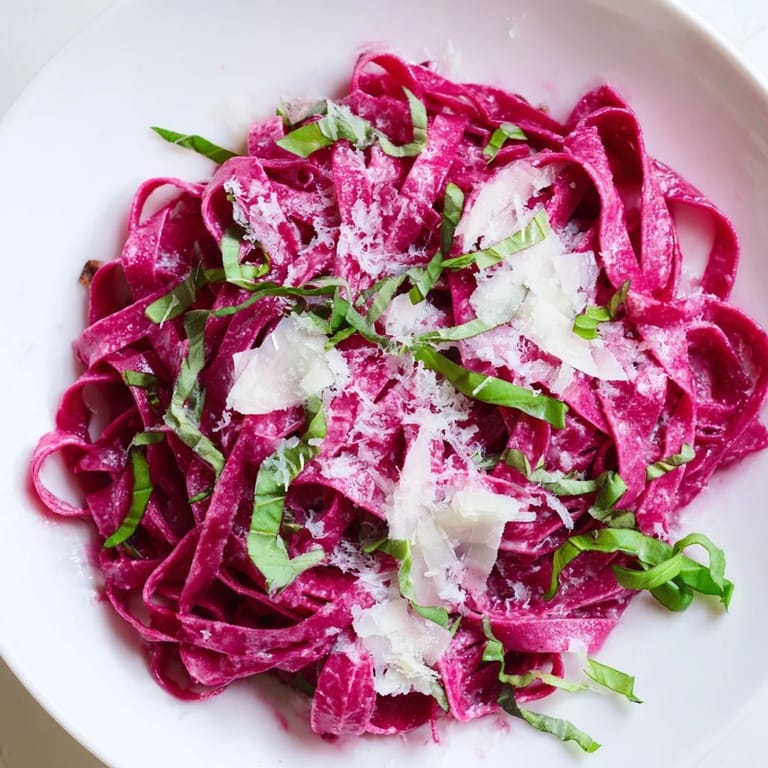 Roasted beet puree creates stunning homemade pasta, highlighting the rich color and delicate, al dente texture for a vegetarian main dish.