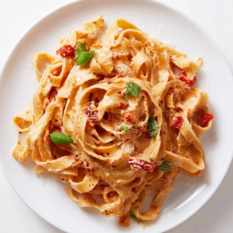 Golden roasted garlic pasta sauce swirled onto fettuccine, garnished with Parmesan and a side salad for a hearty meal.  