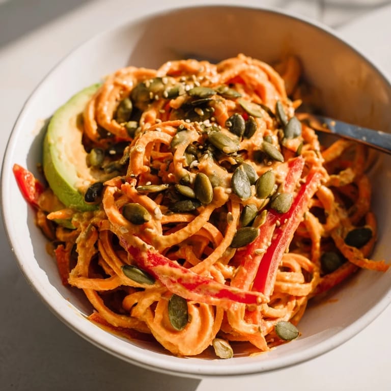 Serving a refreshing Carrot Noodle Skincare Bowl with crunchy sesame seeds and pumpkin seeds on a bed of fresh vegetables.