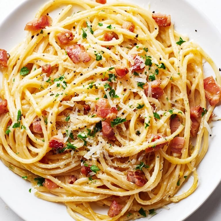 A skillet of freshly tossed Crispy Bacon Linguine garnished with lemon zest and black pepper, ready to be served with a glass of white wine.