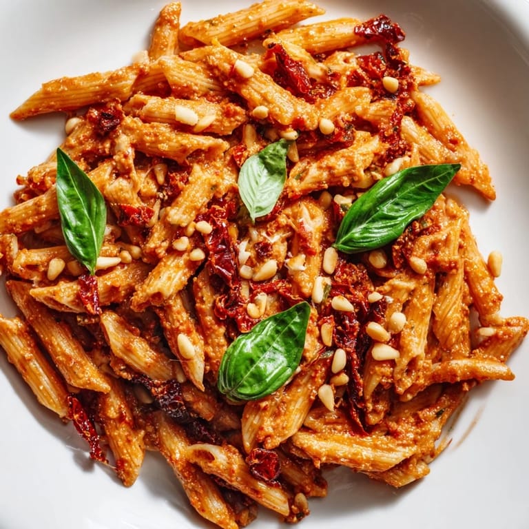 Hearty sun-dried tomato pesto pasta served in a white bowl, ready to enjoy as a vegetarian main dish for four.