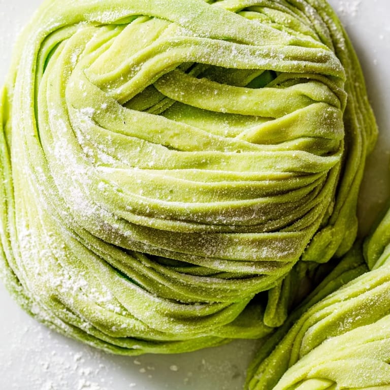 Homemade spinach pasta dough strands drying on a rack, ready for cooking.