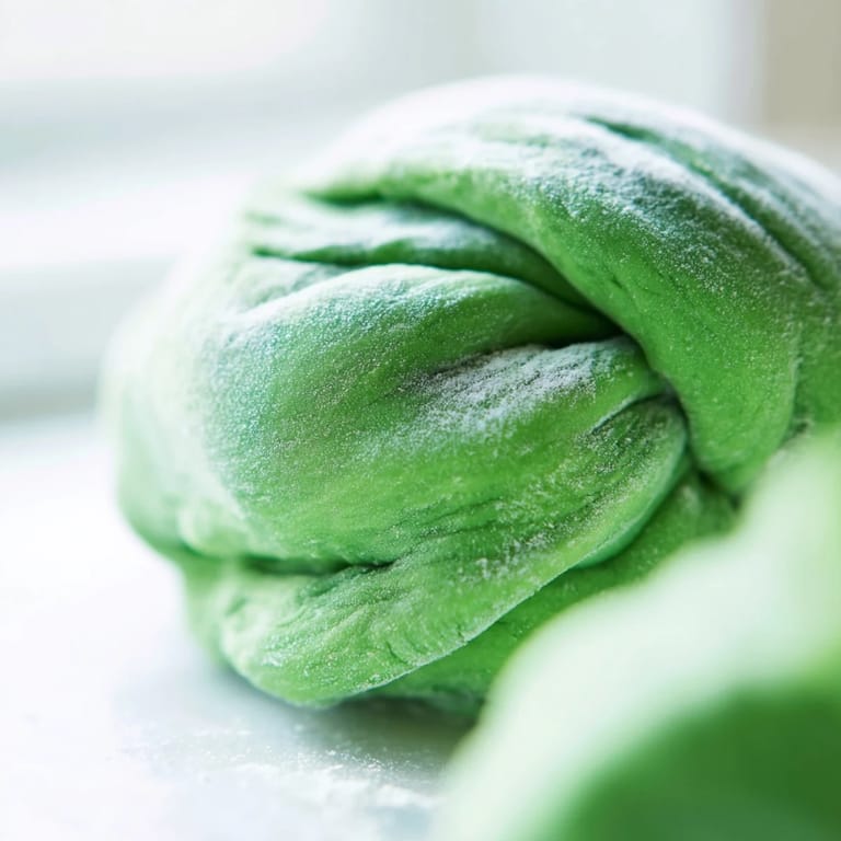 Fresh spinach pasta dough is rolled out thin on a marble countertop with a pasta machine.
