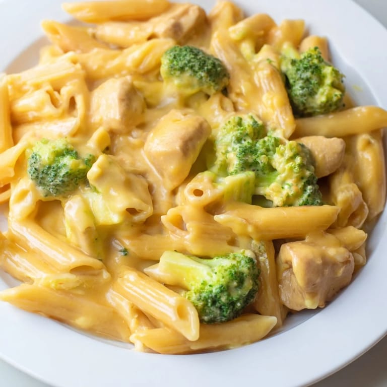 A comforting bowl of Chicken Broccoli Cheddar Pasta garnished with extra cheddar, served alongside a crisp green salad for dinner.  