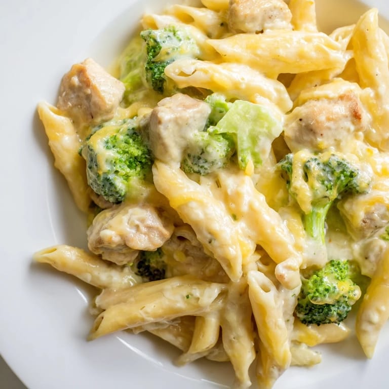 Family-style skillet of Chicken Broccoli Cheddar Pasta featuring rotini noodles, sautéed chicken, and velvety cheddar sauce ready to serve.