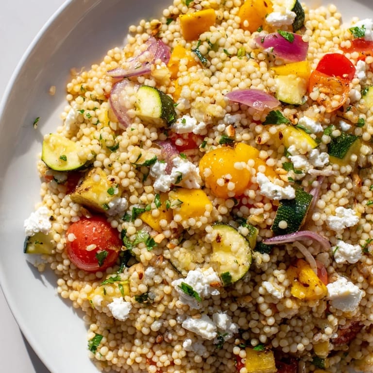 A vibrant bowl of Roasted Veggie Couscous Salad, garnished with feta, mint, and toasted pine nuts.  
