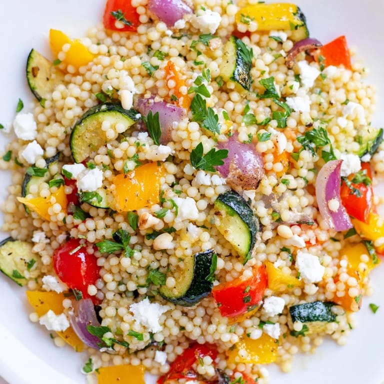 Colorful Mediterranean-inspired Roasted Veggie Couscous Salad, served warm as a hearty vegetarian main or side.