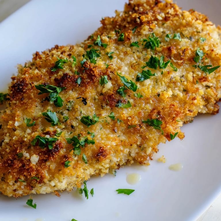 Roasted Garlic Parmesan Chicken served hot with fresh parsley garnish on a rustic white plate.  