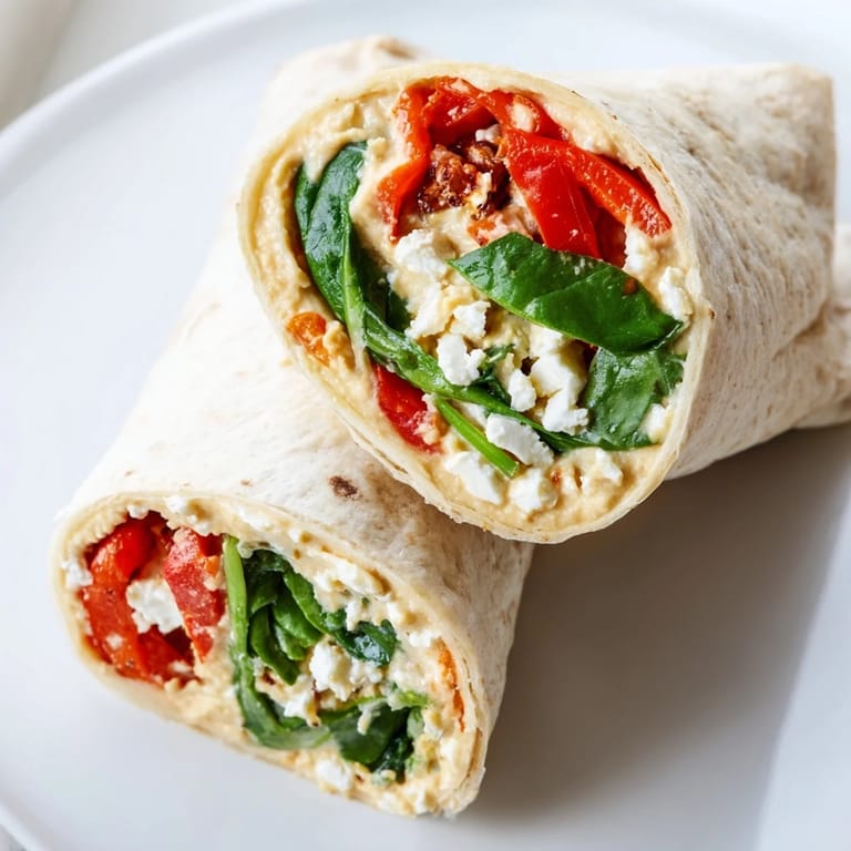Hands holding a diagonal-cut Mediterranean Veggie Wrap, fresh spinach and roasted peppers peeking out, ready for a light vegetarian lunch.