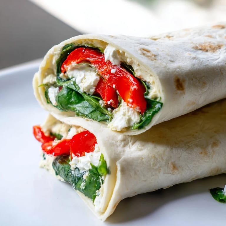Sliced Mediterranean Veggie Wrap showing layers of smoky roasted red peppers, crisp spinach, and tangy feta on a soft flour tortilla.