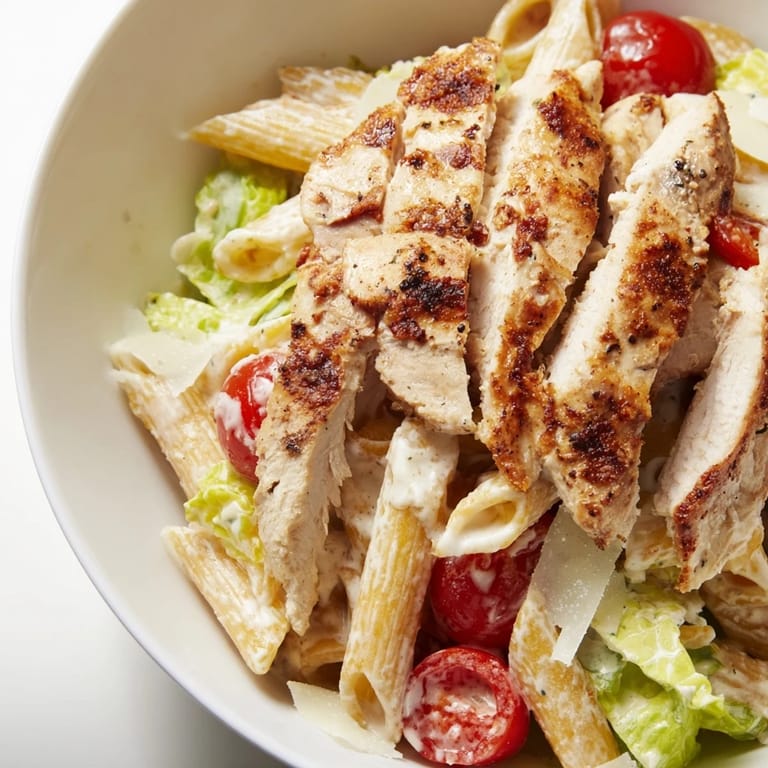 A close-up of the Spicy Chicken Caesar Pasta bowl, featuring sliced grilled chicken, crisp lettuce, and cherry tomatoes.  