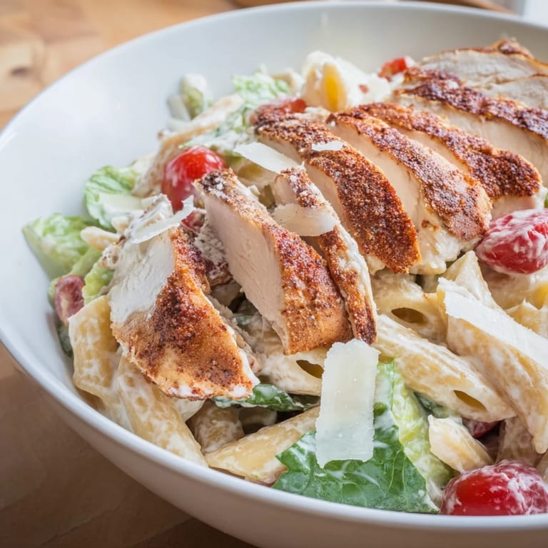 Lemon wedges and croutons complete the Spicy Chicken Caesar Pasta, served warm in a rustic ceramic bowl.