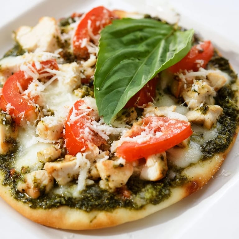 A close-up of a thin-crust chicken pesto pizza topped with fresh basil, vibrant pesto, and juicy tomato rounds.  