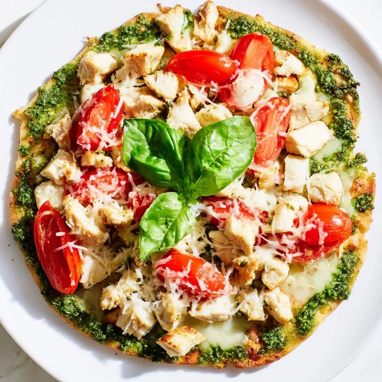 Sliced wedges of homemade chicken pesto pizza reveal tender chicken, melted mozzarella, and fragrant basil pesto on a ceramic plate.