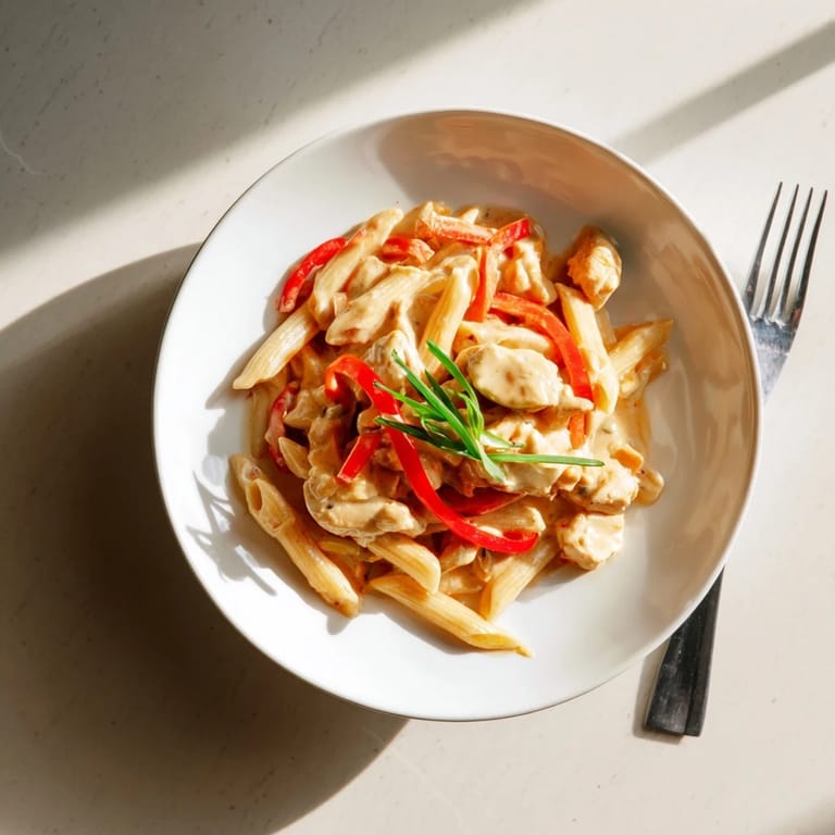 Freshly cooked Sweet Chili Chicken Pasta in a white bowl, garnished with green spring onions and sprinkled with toasted sesame seeds.