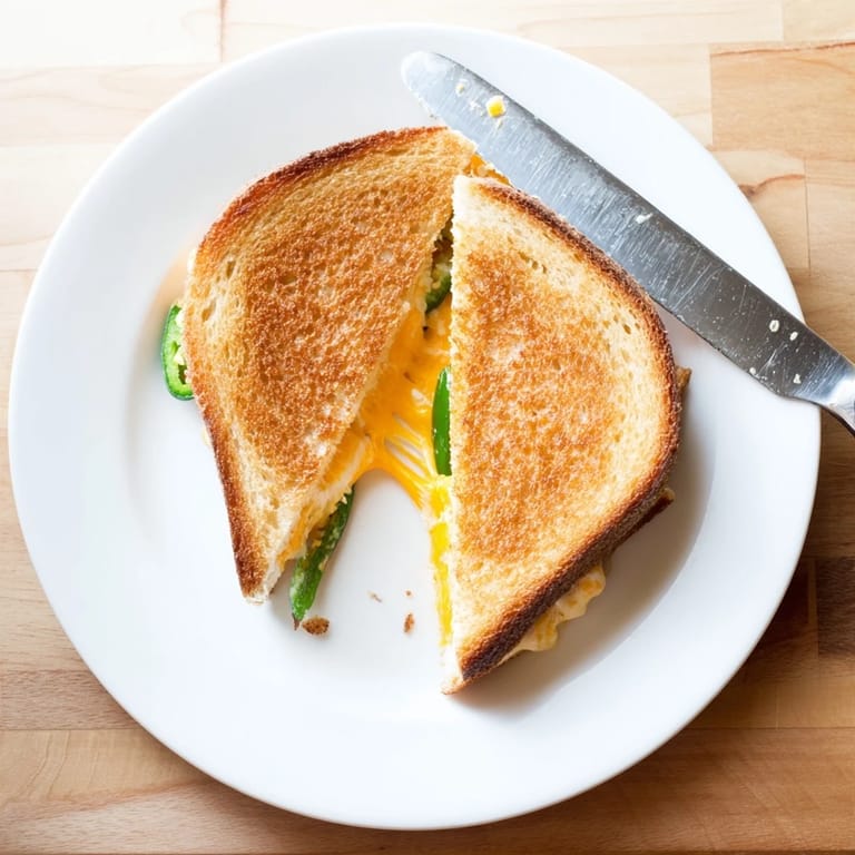 A spicy jalapeño popper grilled cheese, sliced to reveal the creamy, cheesy filling with visible jalapeño pieces.