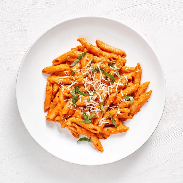 A skillet of creamy roasted red pepper pasta garnished with fresh parsley and extra Parmesan, steam rising invitingly.