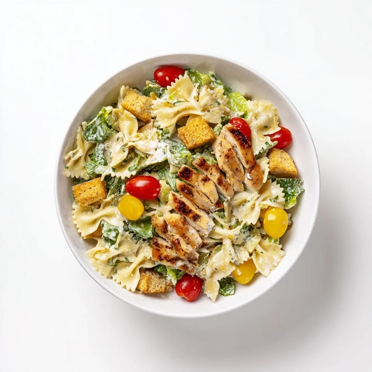 Sliced grilled chicken and al dente pasta mingle with fresh romaine and cherry tomatoes in this hearty Caesar Pasta Chicken Bowl.