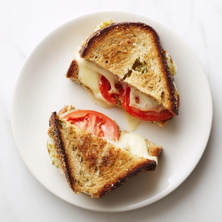Pepper Jack & Tomato Grilled Cheese halves on a white plate, melted cheese stretching from jalapeño-studded bread and fresh tomato.