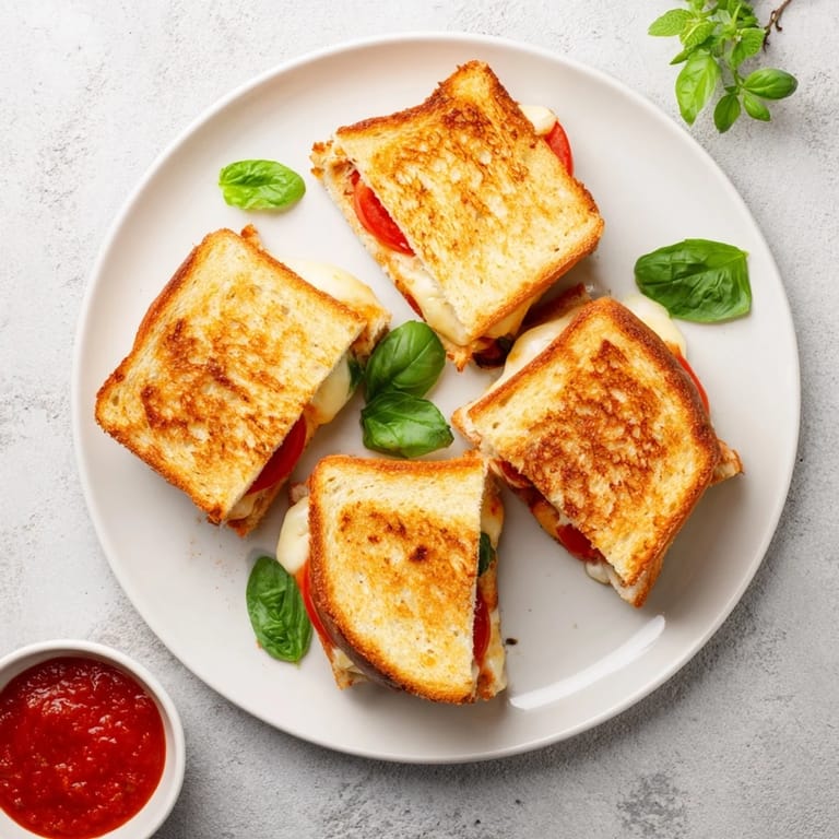 A close-up view of golden Caprese Grilled Cheese Dippers, showcasing layers of melted cheese, fresh basil, and tomato inside crispy sourdough.
