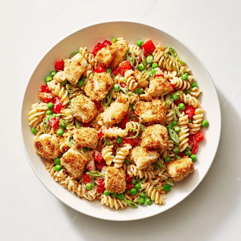 A close-up of Crispy Chicken Ranch Pasta Salad reveals creamy ranch dressing clinging to every rotini noodle and crunchy chicken bite.
