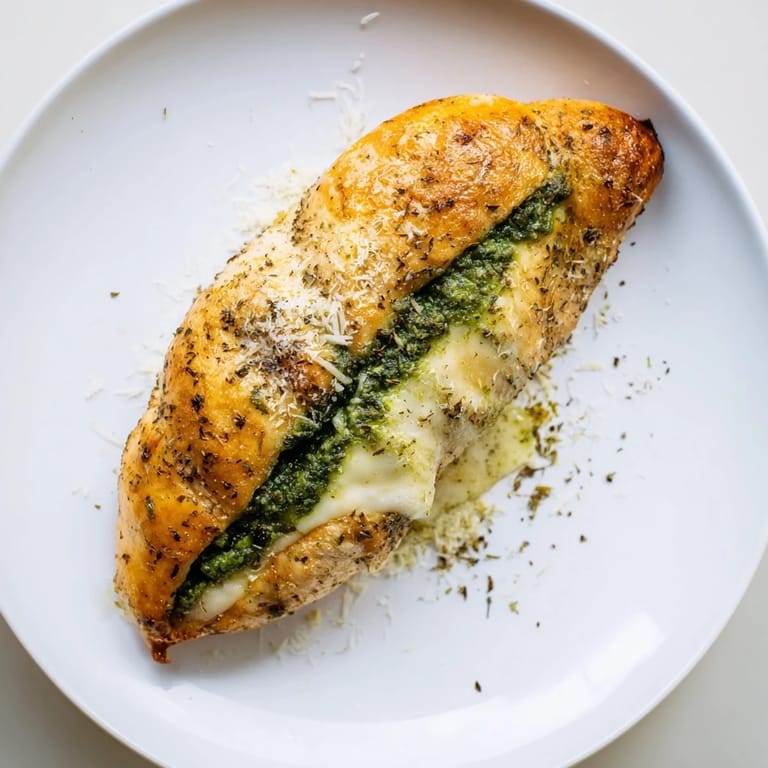 Golden Mozzarella & Pesto Stuffed Chicken resting on a plate beside roasted vegetables and fresh basil garnish.