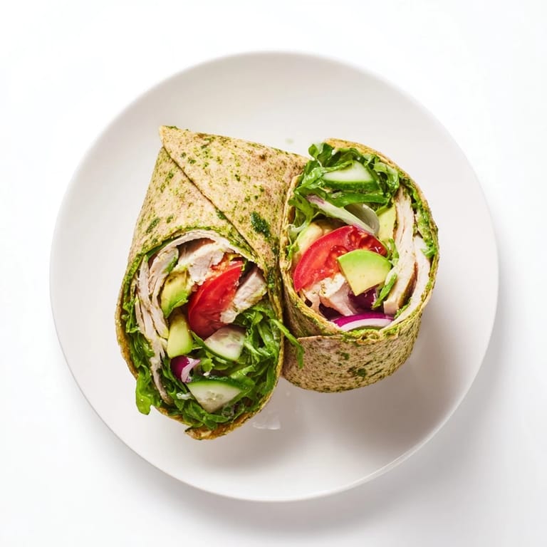 A plate with a whole Chimichurri Chicken Salad Wrap and a halved portion, showing grilled chicken, avocado slices, and salad greens spilling out of the warm tortilla.