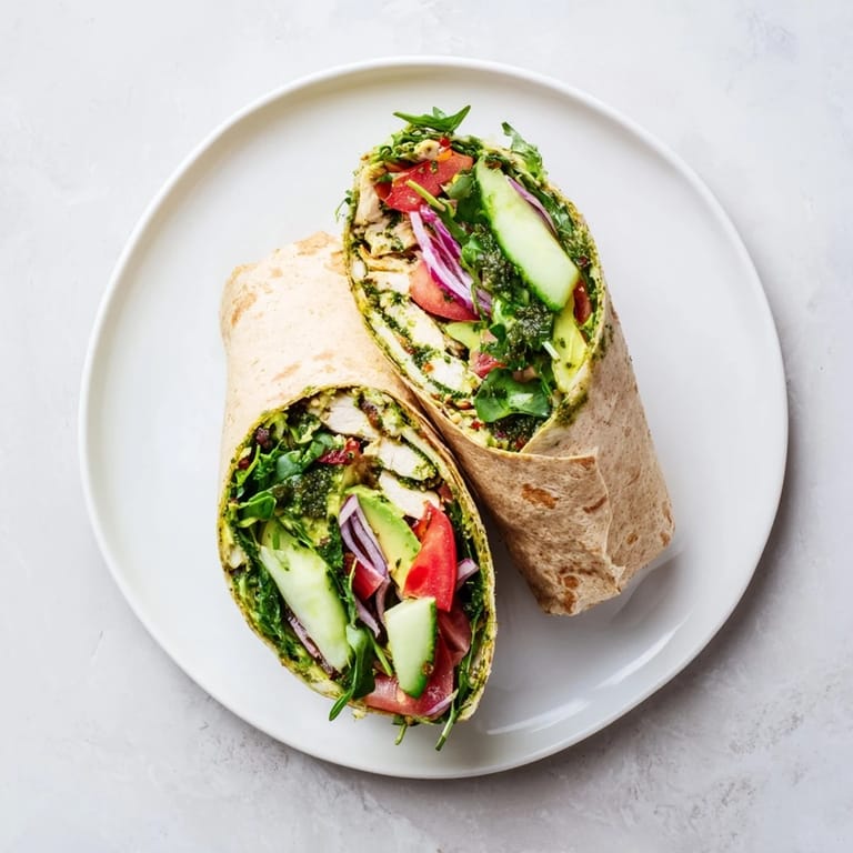 Freshly assembled Chimichurri Chicken Salad Wraps on a wooden board, garnished with extra herbaceous sauce and thinly sliced cucumber for a colorful, fresh presentation.