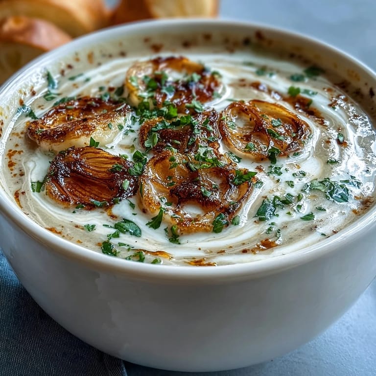A spoon dipping into creamy roasted garlic soup beside crusty bread on a wooden table.