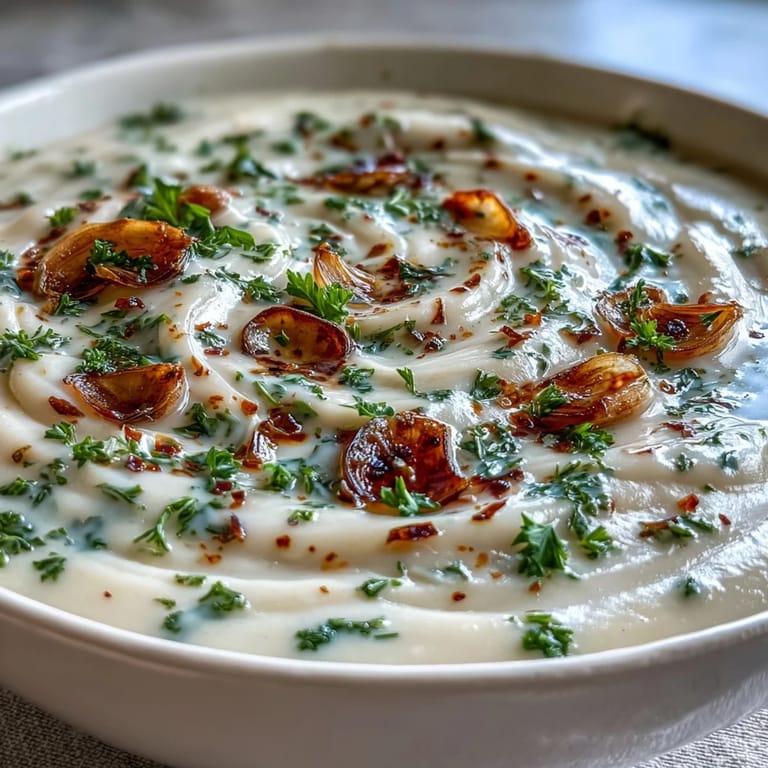 Steaming bowl of roasted garlic soup with a drizzle of olive oil and thyme garnish.