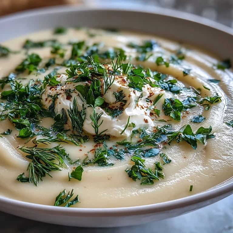 Golden roasted parsnips blend into a creamy parsnip and herb soup, perfect with crusty bread for dipping.  