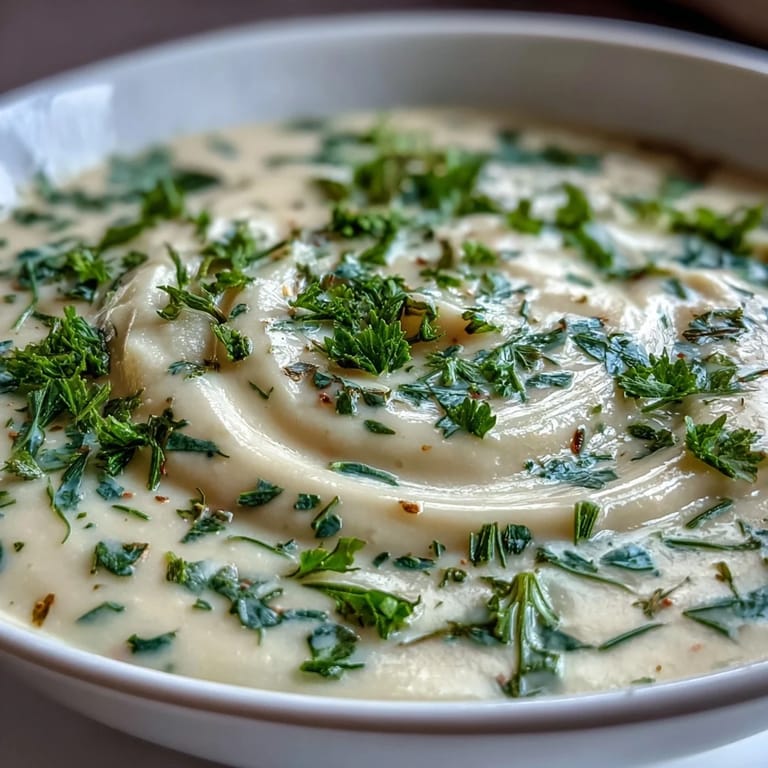 Smooth parsnip and herb soup topped with fresh herbs, steaming gently on a wooden table for cozy meals.