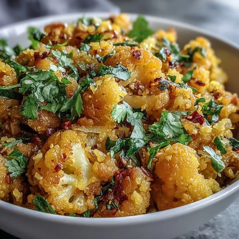 A serving of fluffy turmeric cauliflower rice tossed with fresh herbs, perfect alongside grilled chicken or roasted vegetables.