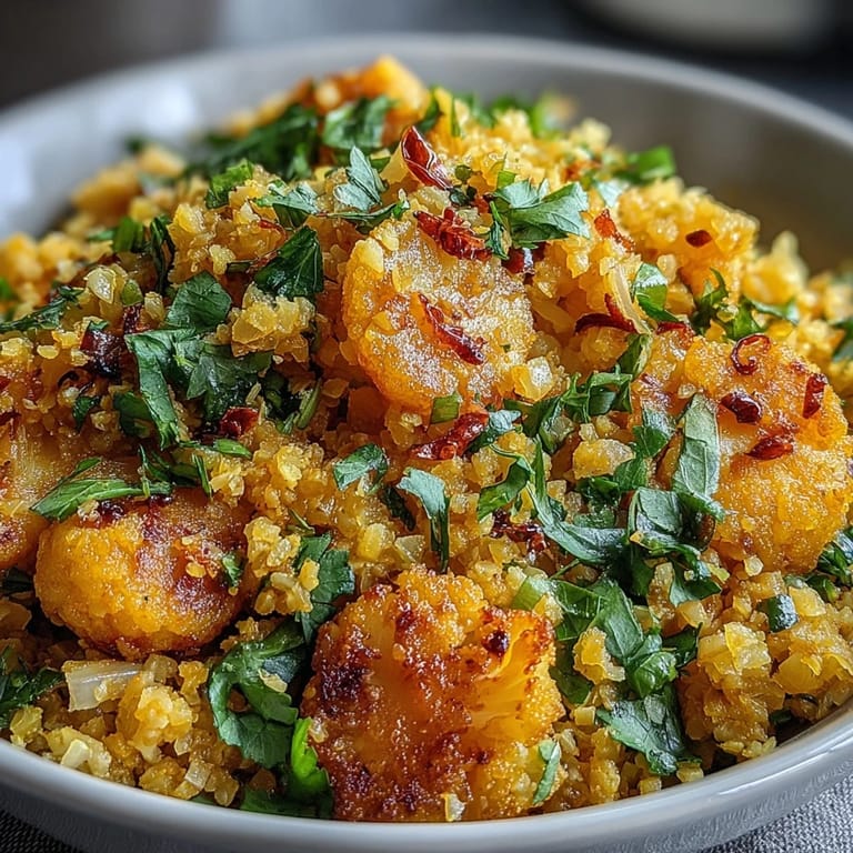 Brightly colored turmeric cauliflower rice sautéed with onions and garlic, steaming in a skillet for a healthy, low-carb side dish.