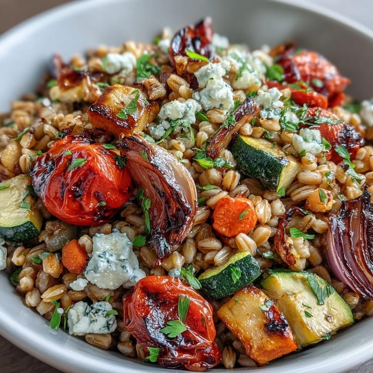 Golden caramelized vegetables and tender farro tossed with fresh parsley and optional feta cheese for a wholesome vegetarian meal.  